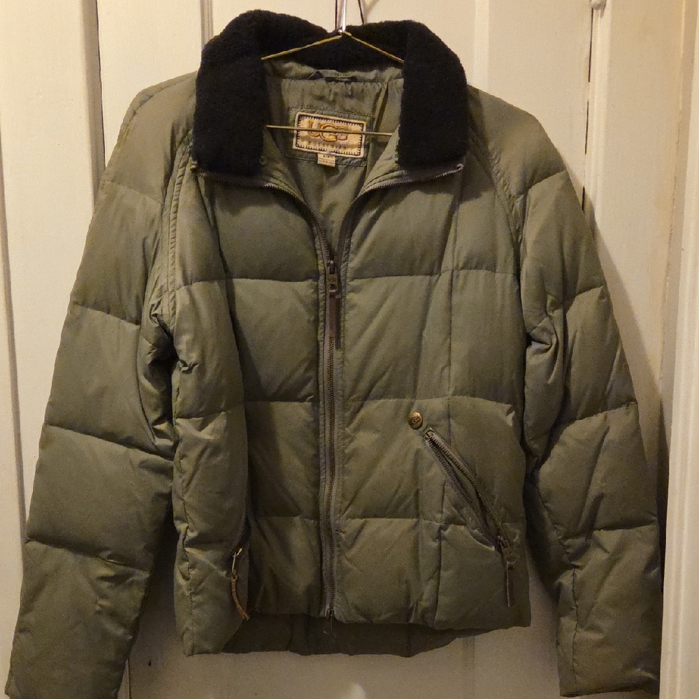 UGG Khaki Puffer Jacket with Black Collar